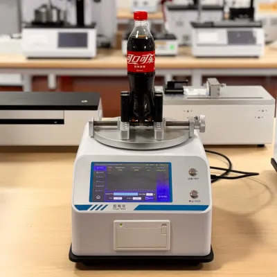 Torque testing on plastic PET beverage bottles for seal integrity